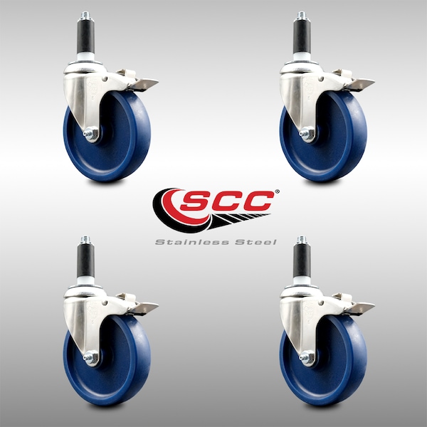 5 Inch 316SS Solid Poly Swivel 1-1/8 Inch Expanding Stem Caster Set Lock Brake